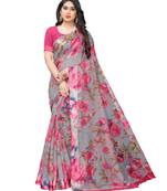 Grey printed cotton silk saree with blouse
