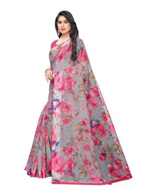 Grey printed cotton silk saree with blouse 2