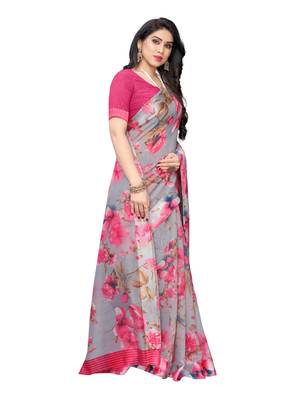 Grey printed cotton silk saree with blouse 3