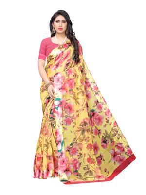 Yellow printed cotton silk saree with blouse 1