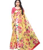 Yellow printed cotton silk saree with blouse