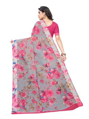Grey printed cotton silk saree with blouse 4