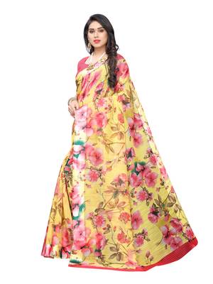 Yellow printed cotton silk saree with blouse 2