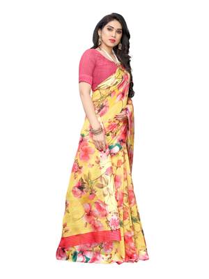 Yellow printed cotton silk saree with blouse 3
