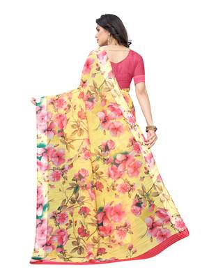 Yellow printed cotton silk saree with blouse 4