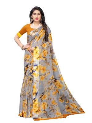 Mustard printed cotton silk saree with blouse 1