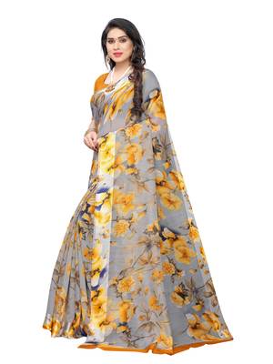 Mustard printed cotton silk saree with blouse 2