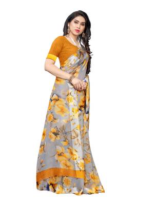 Mustard printed cotton silk saree with blouse 3