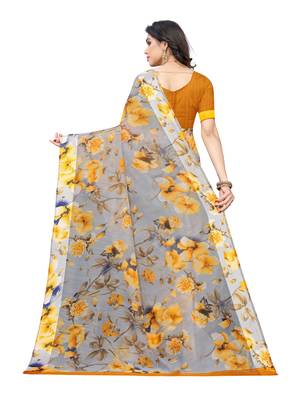 Mustard printed cotton silk saree with blouse 4