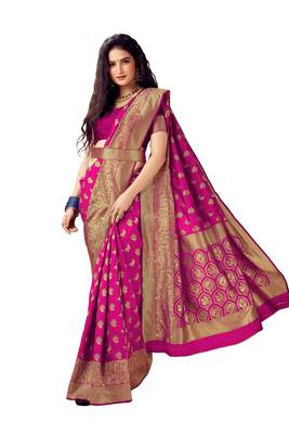 Pink woven banarasi silk saree with blouse 1