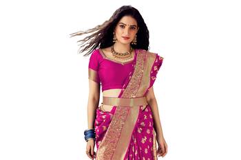 Pink woven banarasi silk saree with blouse 4