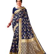 Navy blue woven art silk saree saree with blouse