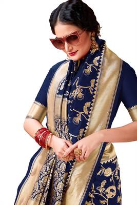 Navy blue woven art silk saree saree with blouse 4