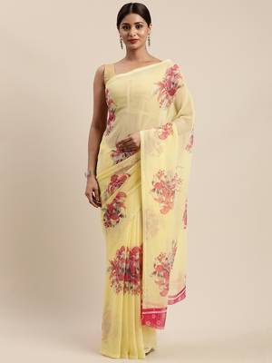 Yellow woven chiffon saree with blouse 1