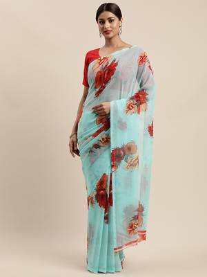 Sea green woven chiffon saree with blouse 1