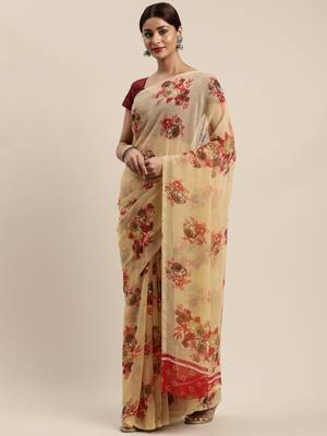 Beige woven chiffon saree with blouse 1