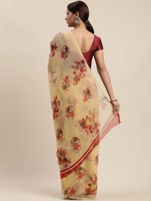 Beige woven chiffon saree with blouse 2