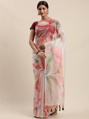 Light pink woven organza saree with blouse 1
