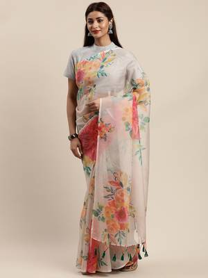 Beige woven organza saree with blouse 1