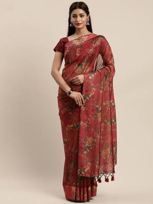 Maroon woven organza saree with blouse 1