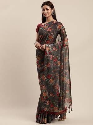 Grey woven organza saree with blouse 1