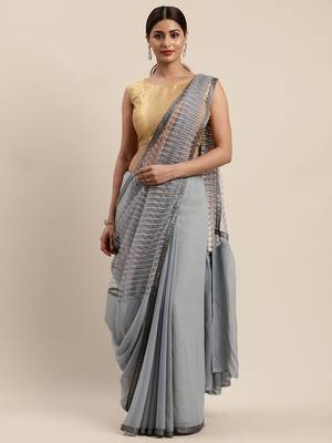Grey woven faux georgette saree with blouse 1