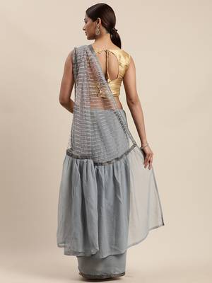 Grey woven faux georgette saree with blouse 2