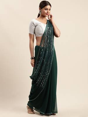 Green woven faux georgette saree with blouse 1