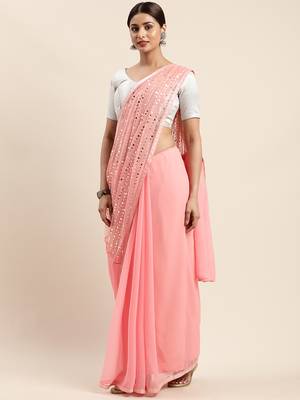 Pink woven faux georgette saree with blouse 1