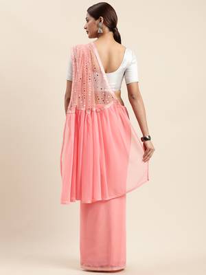 Pink woven faux georgette saree with blouse 2