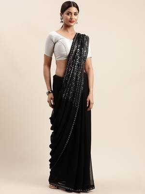 Black woven faux georgette saree with blouse 1