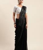 Black woven faux georgette saree with blouse