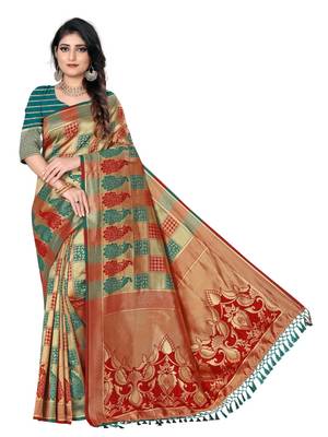 Red printed cotton silk saree with blouse 1