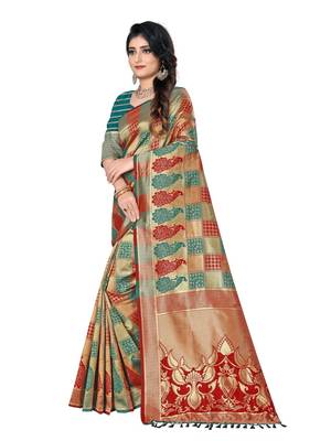 Red printed cotton silk saree with blouse 2
