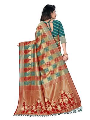 Red printed cotton silk saree with blouse 3