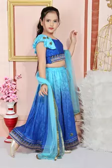 Blue Embroidered Crepe chiffon Lehenga Choli Dupatta