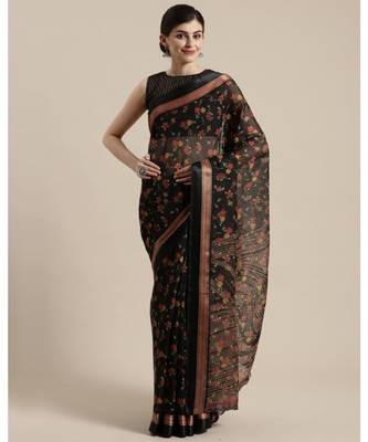 Black & Red Floral Printed Cotton Silk Saree With Blouse 1