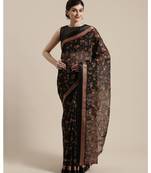 Black & Red Floral Printed Cotton Silk Saree With Blouse