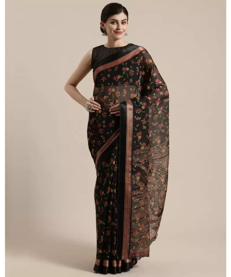 Black & Red Floral Printed Cotton Silk Saree With Blouse