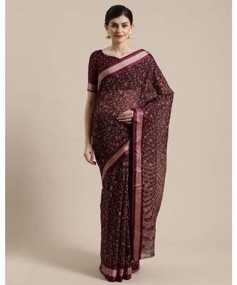 Marron  Floral Printed Cotton Silk Saree With Blouse 1
