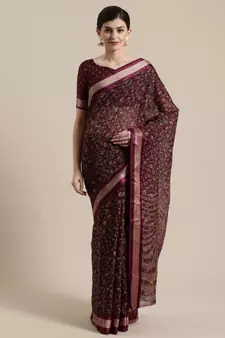 Marron  Floral Printed Cotton Silk Saree With Blouse