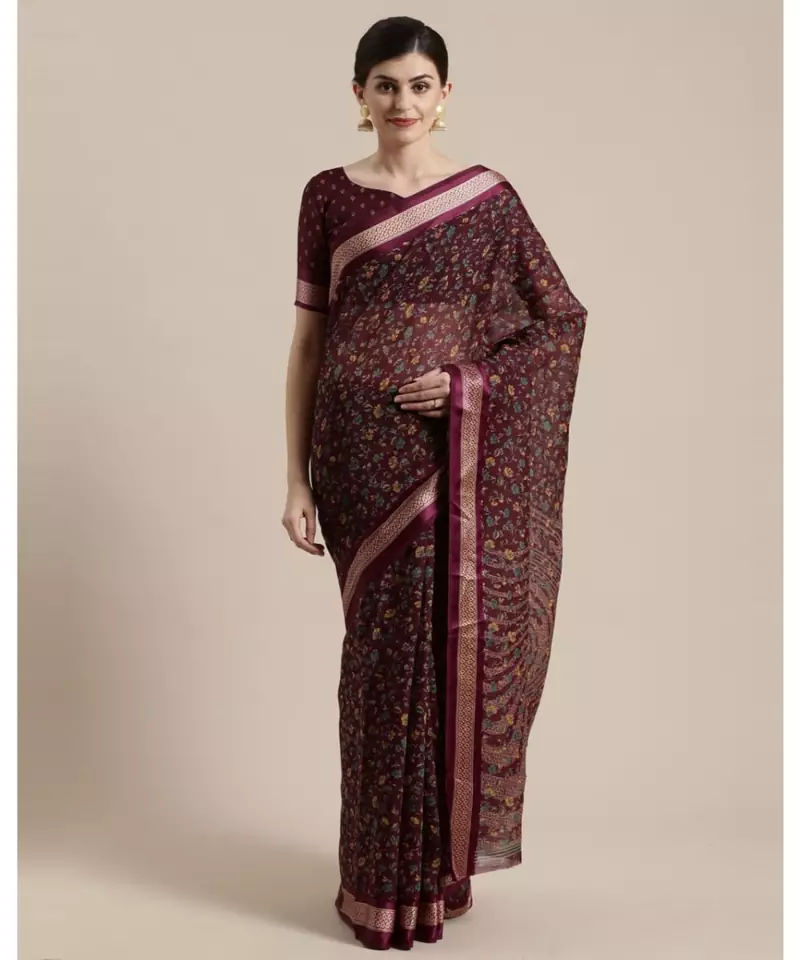 Marron  Floral Printed Cotton Silk Saree With Blouse