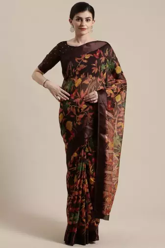 Brown Floral Printed Cotton Silk Saree With Blouse