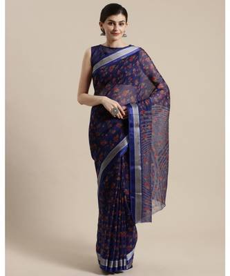 Blue Floral Printed Cotton Silk Saree With Blouse 1
