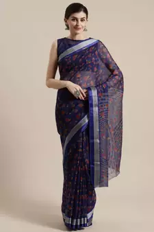 Blue Floral Printed Cotton Silk Saree With Blouse