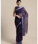 Blue Floral Printed Cotton Silk Saree With Blouse