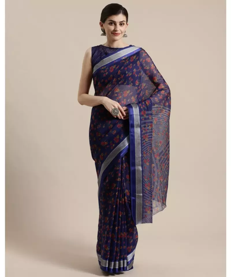 Blue Floral Printed Cotton Silk Saree With Blouse