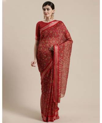 Red Floral Printed Cotton Silk Saree With Blouse 1