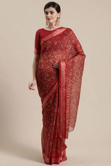 Red Floral Printed Cotton Silk Saree With Blouse