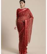 Red Floral Printed Cotton Silk Saree With Blouse